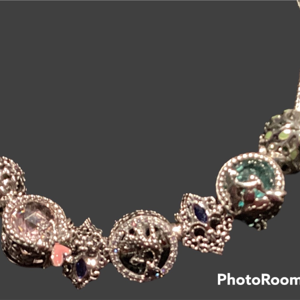 NWOT.  Silver Pandora style charm bracelet with 8 charms.